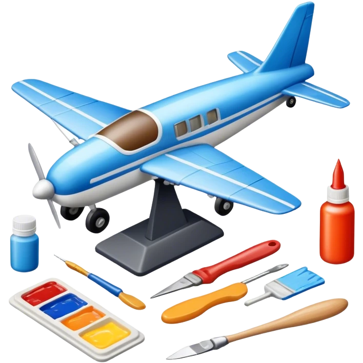 photorealistic icon featuring model-building tools like glue, paint, paintbrushes, pieces of a plastic model airplane in the process of being assembled. The design includes detailed textures of the model pieces and tools, capturing the focus and creativity of model building. Transparent background. emoji