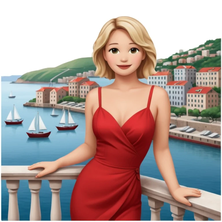 jennifer lawrence, closeup portrait , leaning on a balcony with a harbor and cityscape in the background, smiling, red dress  emoji