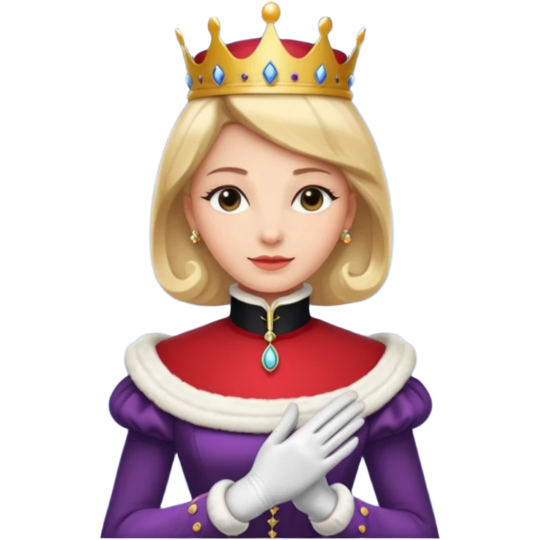 A dignified queen with high collar gown, gloved hands, and classic royal grace.
 emoji