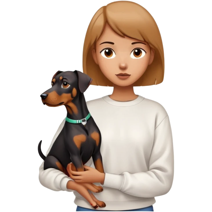 A short-haired girl in a white sweatshirt is holding a big Doberman dog emoji