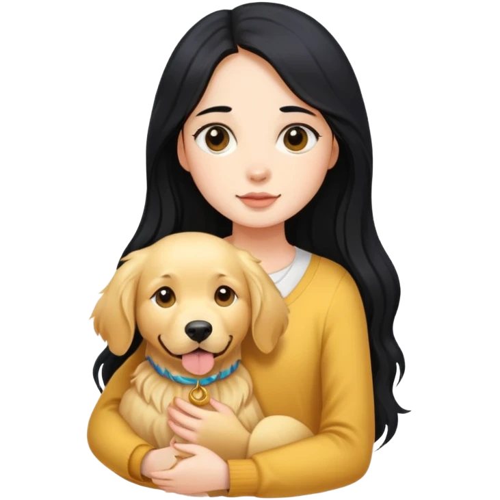 A girl with long black hair holding a golden retriever emoji