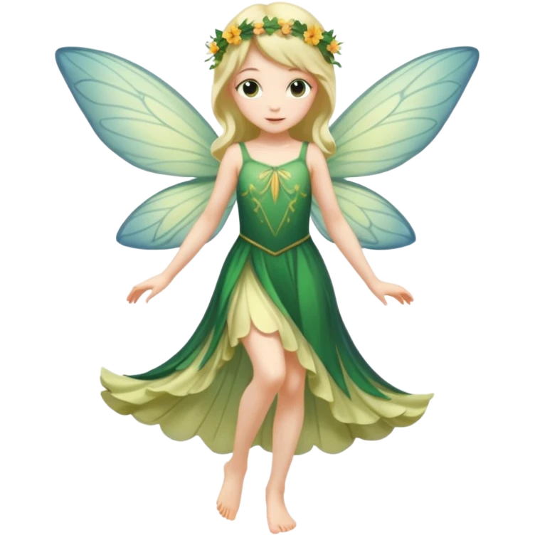 A flower fairy girl, slender in figure, with wings, her entire body slightly tilted, one leg straight, one leg bent, one hand raised, one hand lowered. emoji