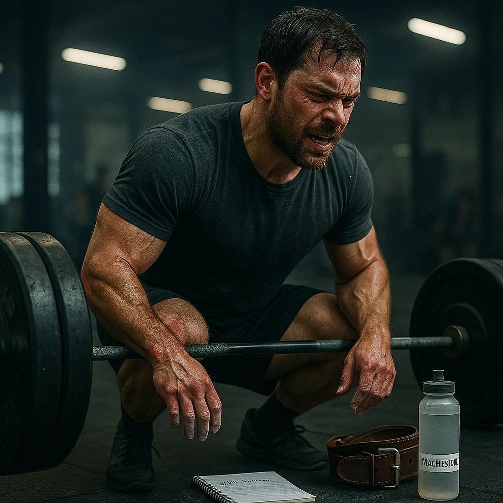 Inspired by the style and colors of the provided image, depict an athletic 30-year-old man doing a heavy deadlift, evident sweat, hands with chalk, diary nearby, dark circles and redness on joints. On the floor: water bottle, magnesium, belt. Background: blurred gym with cold lighting. Cinematic realism. emoji
