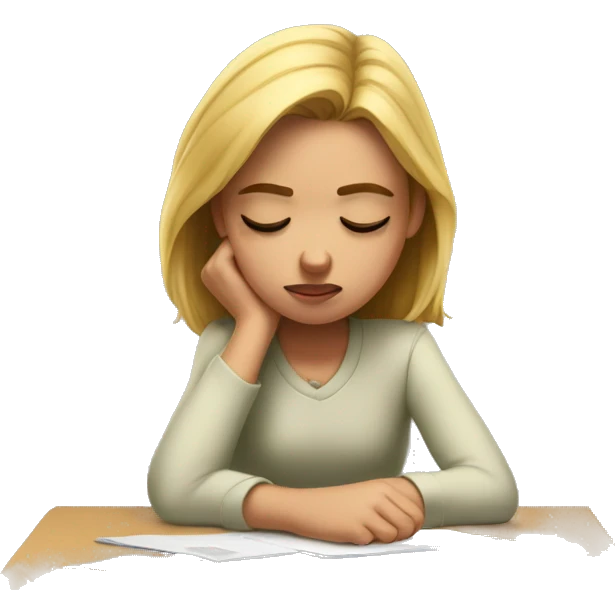 Girl with head down on desk frowning emoji