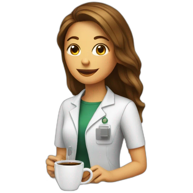 Woman Technologist with table plant and cup of coffee emoji