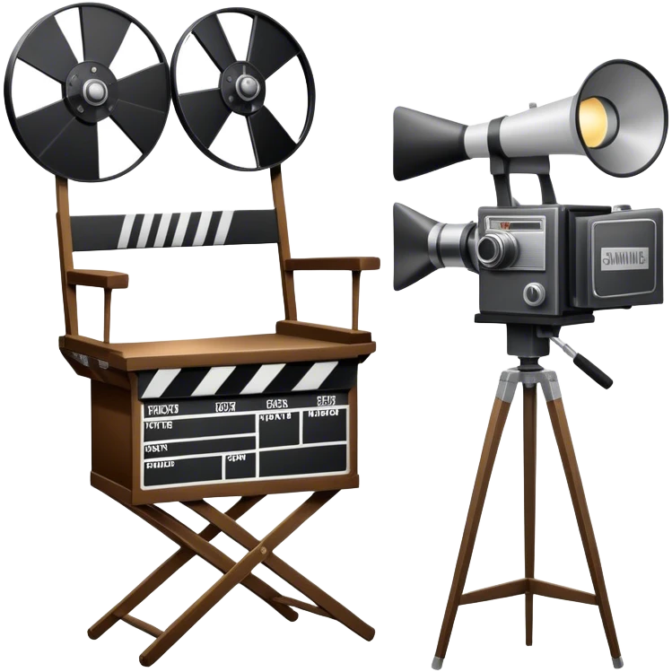 Icon for Directing: a director's chair, a film clapperboard, large movie camera, vintage megaphone and a stage with a spotlight. The icon should represent the creative and organizational aspects of directing, with focus on storytelling, staging, and performance. Transparent background. emoji