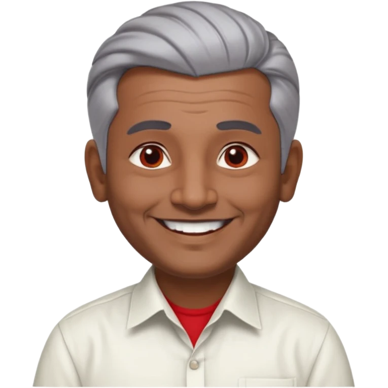 50 yr old indian man, dark skin, grey hair, big smile, white teeth, chubby, no moustache, clean shaven, young style hair, hair brushed back, 5 oclock shadow, bindy, dress shirt, forehead dot, chubby, religious, red dot, fancy hair emoji