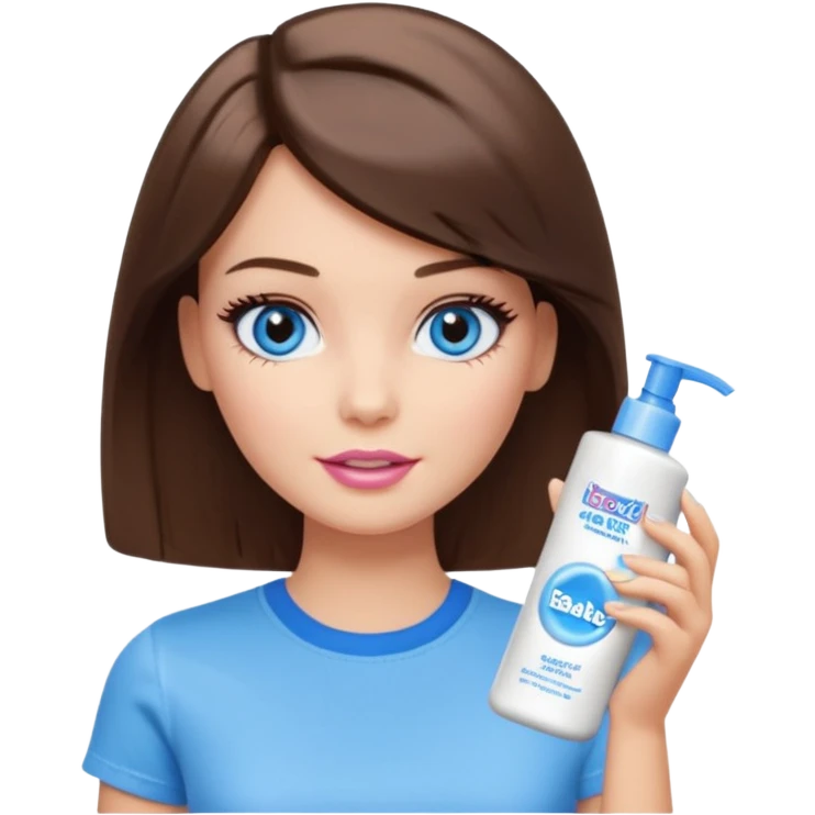 Barbie girl with makeup, blue eyes , and bob long haircut, short brown hair in white T-shirt, face Wash Cream emoji