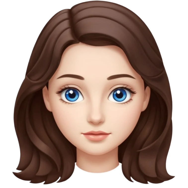 Realistic Student Portrait, with porcelain-like skin featuring a natural rosy flush, illuminated by soft lighting that highlights the gentle contours of her face. Her Brunette hair flows in soft, Her deep blue eyes radiate warmth and innocence, framed by arched brows and long lashes. emoji