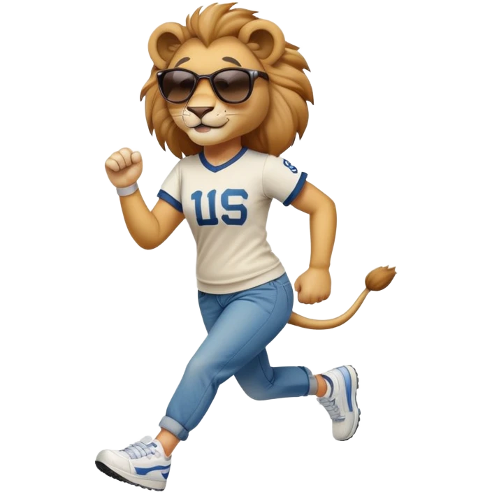 confident anthropomorphised female lion wearing a baseball shirt, jeans, trainers, dark sunglasses, jogging with a smile emoji