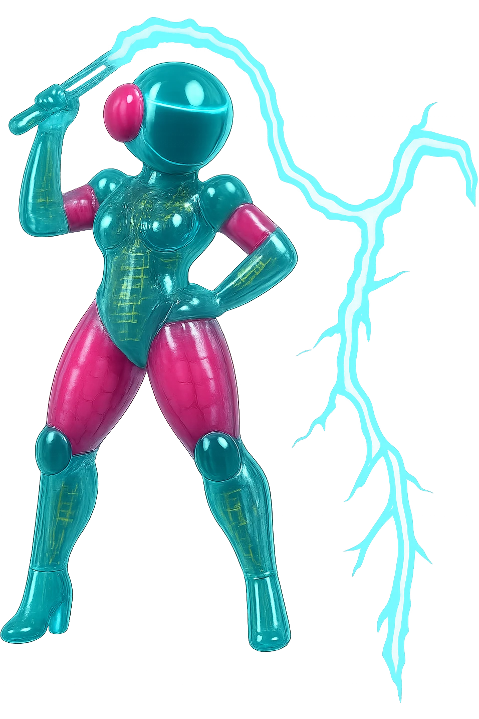 Render this robot in a sleek, glossy circuit style with no grainy or aged texture. Keep her form, pose, colors, and lightning whip exactly the same. No border, transparent background. emoji