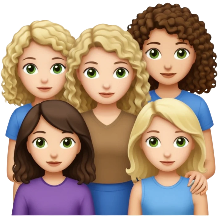 A trio of girls (one straight haired brown eyed brunette, another straight haired Blueish greenish eyed blonde and the last girl a browned eyed curly haired brunette emoji