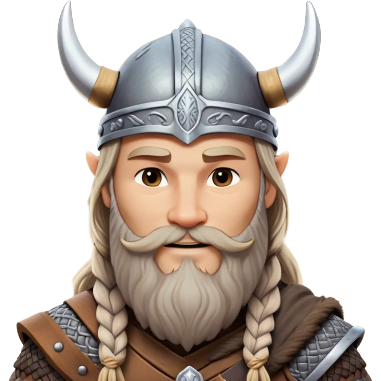 Clash of Clans aesthetic: Beautiful and Majestic Viking Portrait Emoji, Rendered in serene confidence with a gentle, enigmatic smile and a refined, weathered Viking helmet, showcasing a noble, sturdy build with long braided hair and a dignified beard, his face in natural skin tone, Simplified yet exquisitely endearing features, highly detailed, glowing with a soft, majestic Nordic light, high shine, calm and heroic, stylized with an air of timeless Norse elegance, soft glowing outline, capturing the essence of a majestic Viking whose noble spirit inspires epic quests! emoji