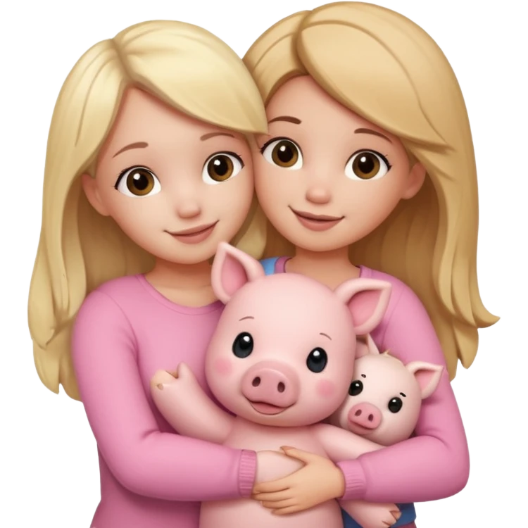 Girlfriends, one blonde and one brunette, hugging each other with a teddy bear and a little pig emoji