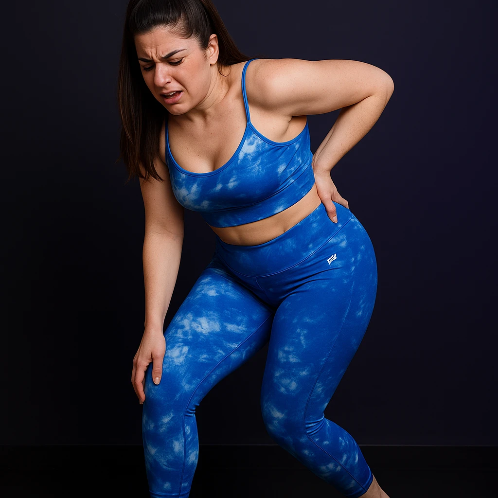Slim woman in 4K, walking with a limp, hand supporting left hip, expression of acute pain radiating to the back, inspired by the reference photo. emoji