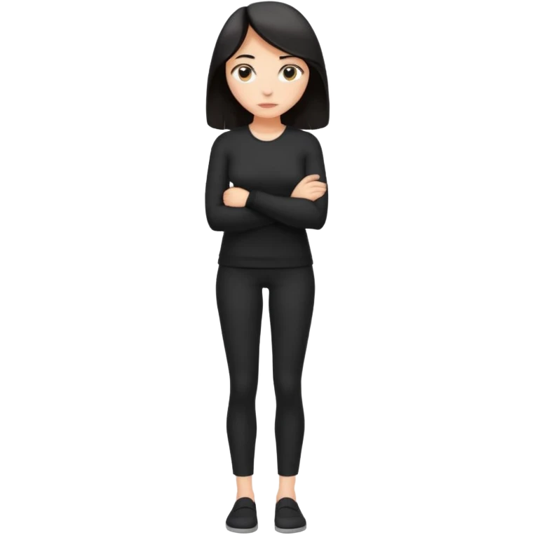 Cartoon emoji of a woman with long, loose dark hair, wearing simple black clothes. Full-height, standing nervously with hunched shoulders, head slightly down, arms close or crossed, legs together, eyes looking away. Smooth, simple, stylized. emoji