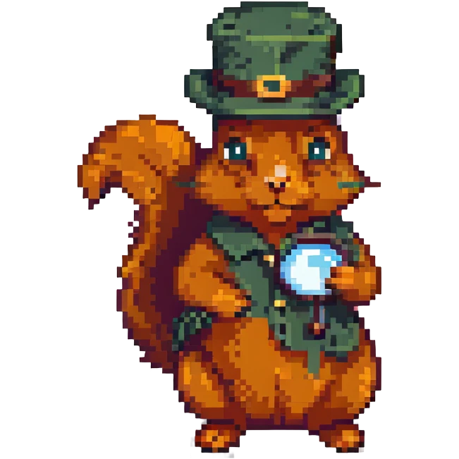 detective squirrel with magnifying glass and detective hat, pixel art style emoji