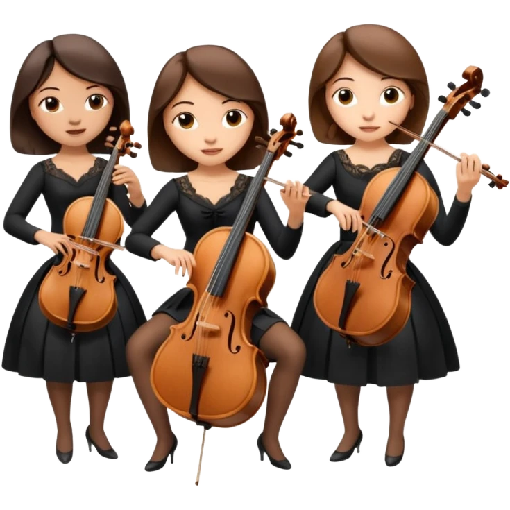 Create an imagine of three brunette women playing string instruments, the first is playing a cello, the second is playing a viola and the third is playing the violin emoji