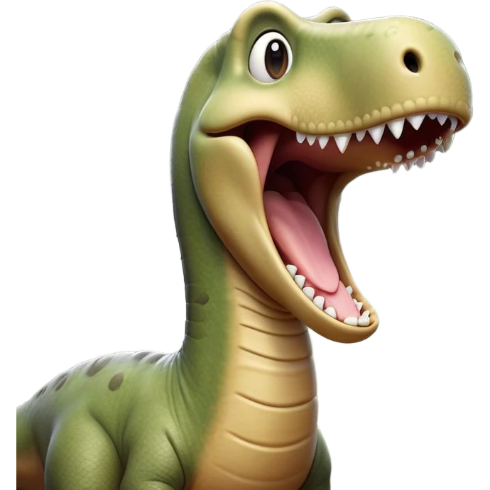 Cinematic Cute Yawning Brontosaurus Portrait Emoji, Head tilted slightly with a dramatic, wide-open yawn, showcasing its monumental, elongated neck and a massive, textured body with sleepy, half-closed eyes and a relaxed, open mouth, Simplified yet irresistibly cute features, highly detailed, glowing with a soft, cozy ancient glow, high shine, relaxed yet expressive, stylized with a dash of whimsical prehistoric ease, soft glowing outline, capturing the essence of a drowsy yet affectionate Brontosaurus that appears ready to stretch and yawn its way out of the screen! emoji