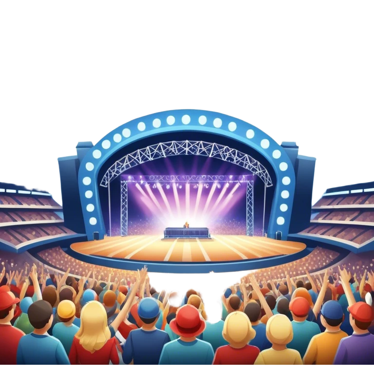 An icon showing a stadium stage with a concert in full swing, bright stage lights illuminating the performers, and fireworks bursting in the sky. The excitement of the crowd is palpable, symbolizing a love for live music and unforgettable shows. transparent background. emoji