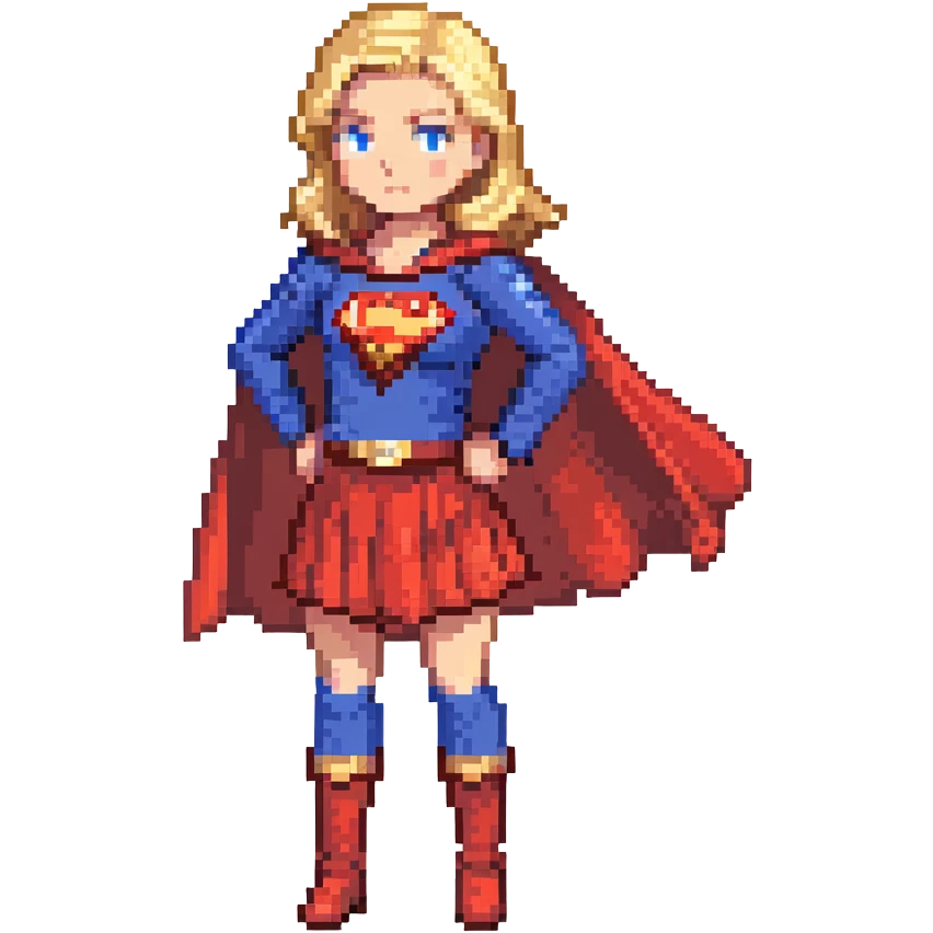 Supergirl superhero full body, blue suit with red skirt, red cape, blonde hair, and S emblem on chest emoji