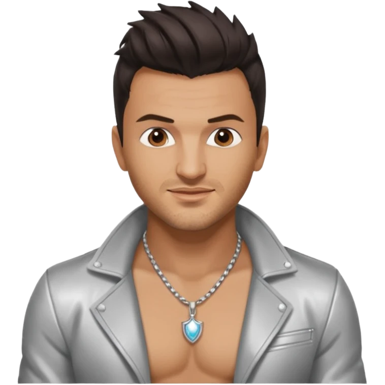 Peter Andre with dark brown hair, shirtless with necklace, silver jacket emoji