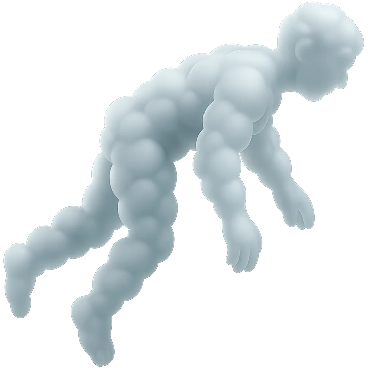 side view of unconscious person flying upwards by torso, legs and arms downwards, made of small very bright white fluffy convex clouds, matte glass style emoji