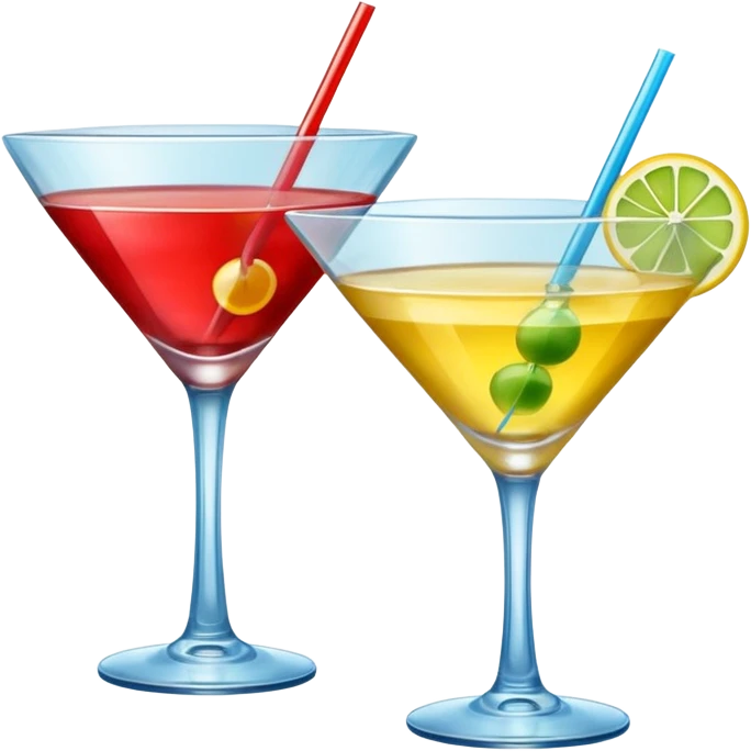 Create an two emoji of red and yellow cocktail, cheers with blue and green cocktail, no tube just cocktail in glass emoji