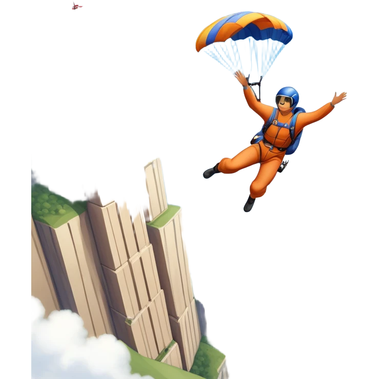 A base jumper soaring through the sky, with a parachute deployed, gliding over a dramatic cliffside or tall building. The background showcases a vast landscape below, with clouds and open skies, emphasizing the adrenaline and freedom of the sport emoji