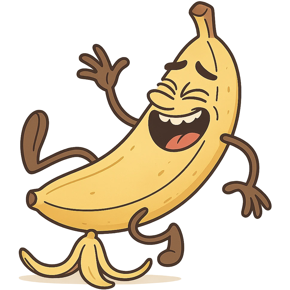 a laughing banana slipping on a peel, cartoon style emoji