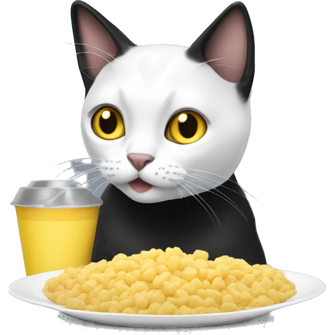 Cat eating food the cat is black and white and his eyes are yellow emoji