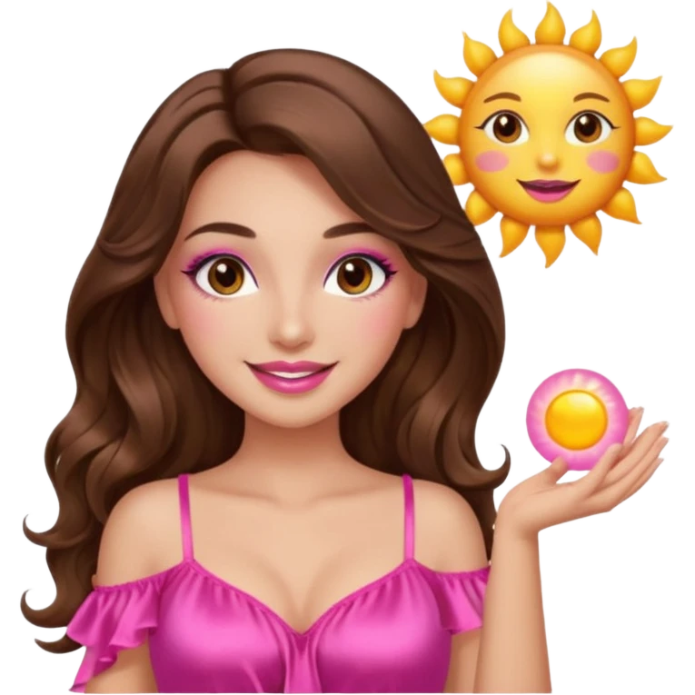 girl with long wavy brown hair, brown eyes, long lashes makeup, sexy pink lips, smiling, light to medium complexion, wearing a pink sexy silk top, holding a big sun emoji