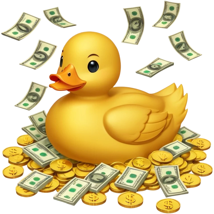 Yellow duck swimming in a pile of gold coins and dollar bills emoji