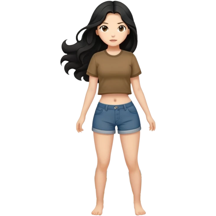 Fair skin girl - long black hair, big waves - wearing brown navel-baring short-sleeved shirt - full body photo emoji