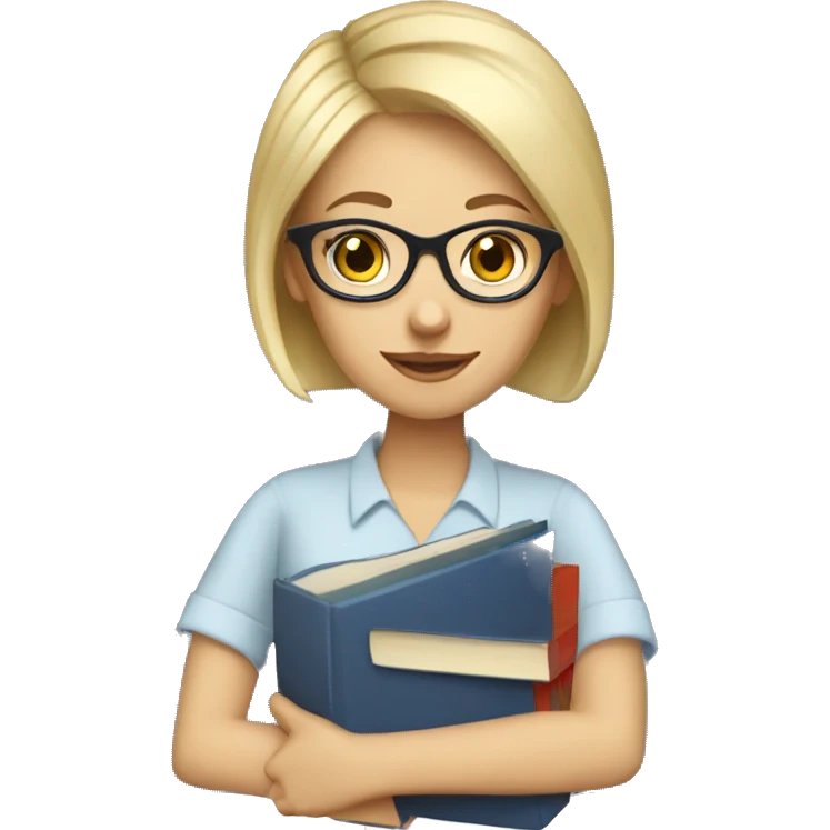 female Teacher with books glasses blonde pixie haircut blue eyes emoji