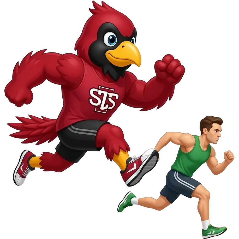 Illinois state university reggie the redbird participating in long jump and distance running events emoji