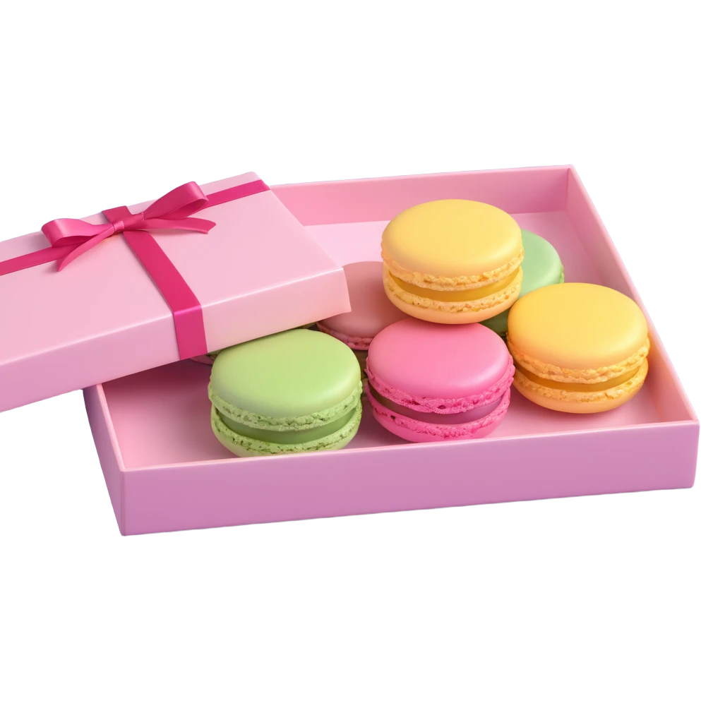 macaron gift box, various colors, iOS 3D emoji style, high detail, glossy finish, cute and appealing, premium feel emoji