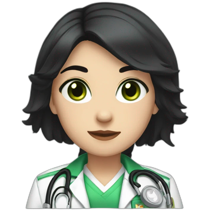 a medic girl with cream, shoulder-length black hair, with accessories, green eyes emoji