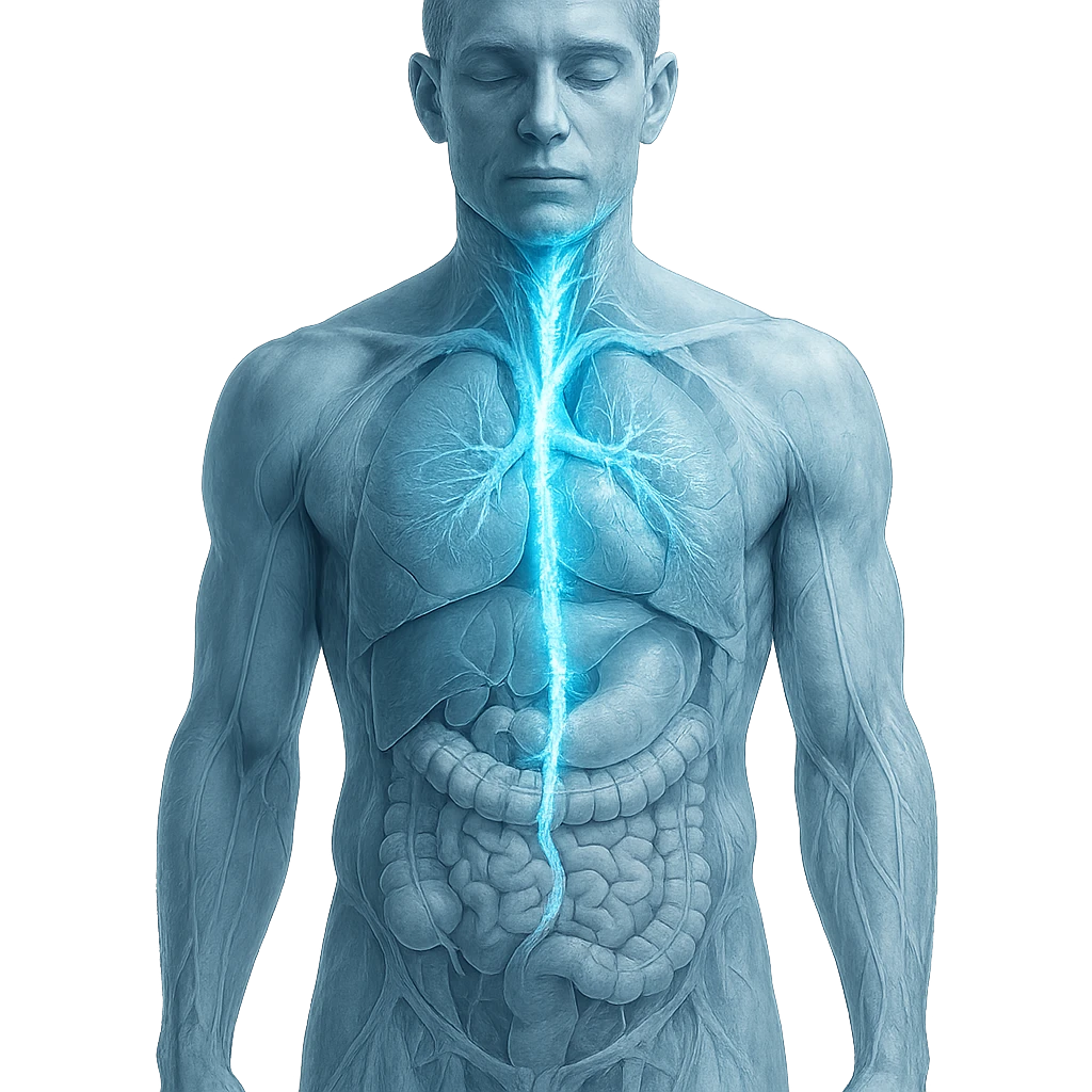 realistic human body with highlighted vagus nerve, front view, detailed anatomy, vagus nerve path clearly visible, cold effect with blue glow and ice crystals along the nerve, transparency on internal organs, white background emoji