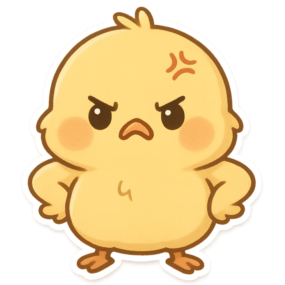 cute angry chibi chick, wings on hips, puffed cheeks, yellow, adorable and soft, suitable for emoji sticker emoji