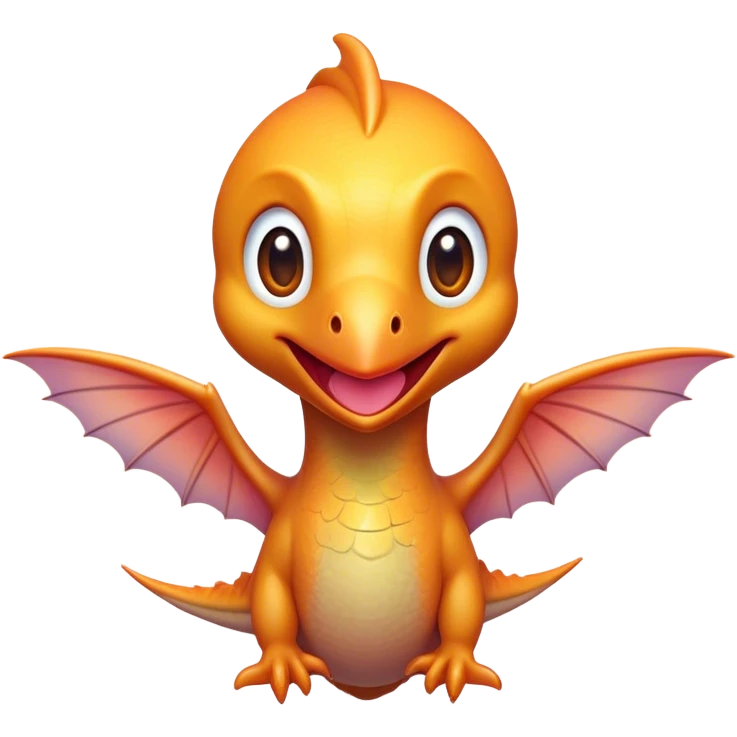 Cinematic Cute Pterodactyl Portrait Emoji, Head tilted playfully with a charming smile, featuring a diminutive, agile form with delicately curved wings and wide, sparkling eyes full of endearing wonder, Simplified yet irresistibly adorable features, highly detailed, glowing with a warm, inviting pastel glow, high shine, affectionate and lively, stylized with a touch of whimsical prehistoric charm, soft glowing outline, capturing the essence of a mischievous yet lovable Pterodactyl that seems as if it could flutter out of the screen into your arms! emoji