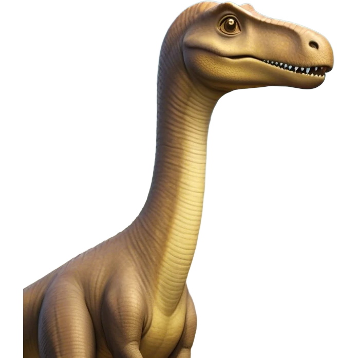 Cinematic Noble Brachiosaurus Portrait Emoji, Poised and majestic, with a towering, elongated neck stretching gracefully from a robust, column-like body, a small, gentle head with curious eyes, and subtle, textured skin in earthy tones, Simplified yet sharply defined features, highly detailed, glowing with a soft, golden radiance, high shine, intelligent and serene, stylized with an air of prehistoric grandeur, focused and calm, soft glowing outline, capturing the essence of a watchful and confident Brachiosaurus that appears ready to gracefully emerge from the screen with effortless power! emoji