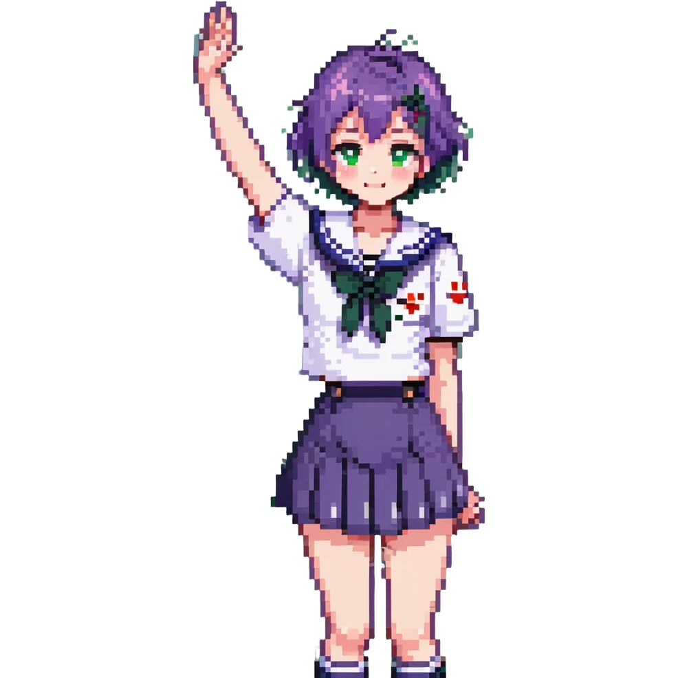 Pixel art anime girl with short bright purple hair wearing Japanese sailor style school uniform, trying to look confident with hand on hip but nervously waving with a shy blush and timid smile emoji