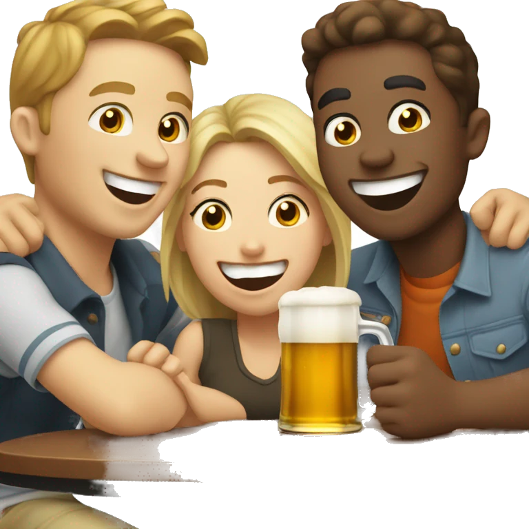 3 white people laughing around a table with beer on it emoji