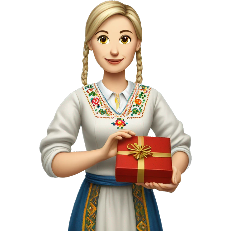 A female teacher in Ukrainian embroidery holds a gift in her hand emoji