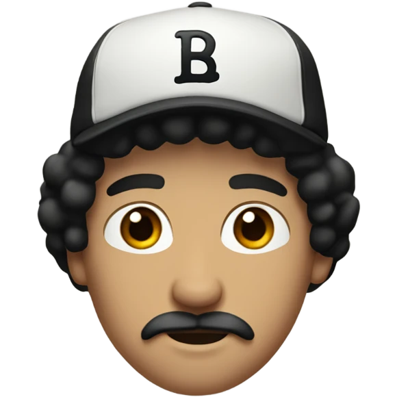 White guy with long/medium length black hair and a baseball hat. Brown eyes and a classic mustache and NO beard. Black hair emoji