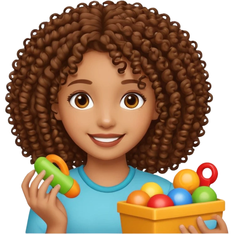 brown girl with curly hair playing with toys emoji