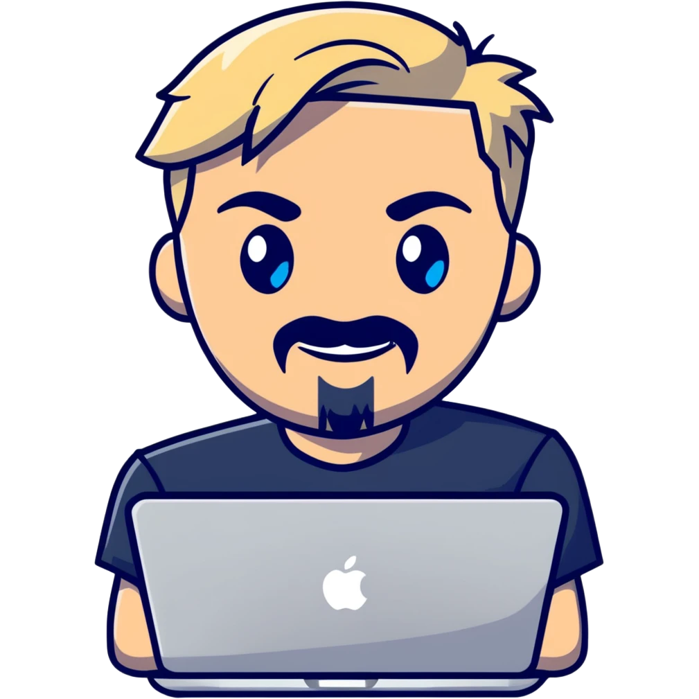 young blond male, blue eyes, modern hairstyle with fringe, sly proud smile, thin blonde mustache and sharp goatee, working on MacBook, clean and stylish, tech professional emoji
