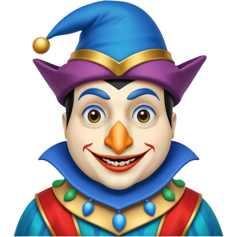 crazy funny colorful real penguin jolly joker, medieval, vintage, court jester, mac os icon, blue color emoji