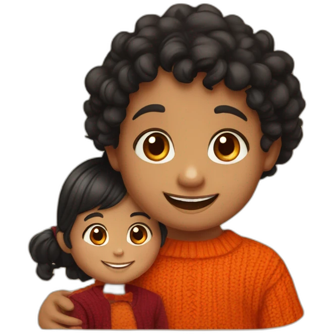smiling 3 years old indian girl with black curly hair in pigtails wearing a orange dress and smiling 3 years old indian boy with black hair wearing a dark red sweater emoji